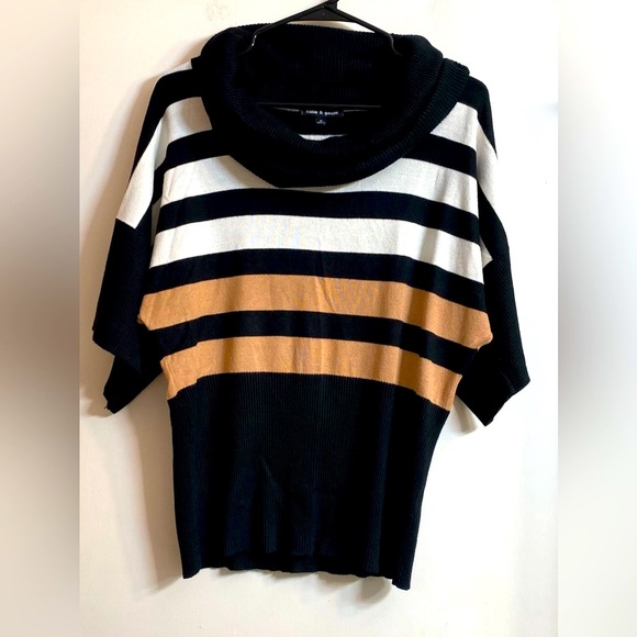 Cable & Gauge Stripe Sweater Cowl Neck Black with brown White Stripes  M. - Picture 3 of 6